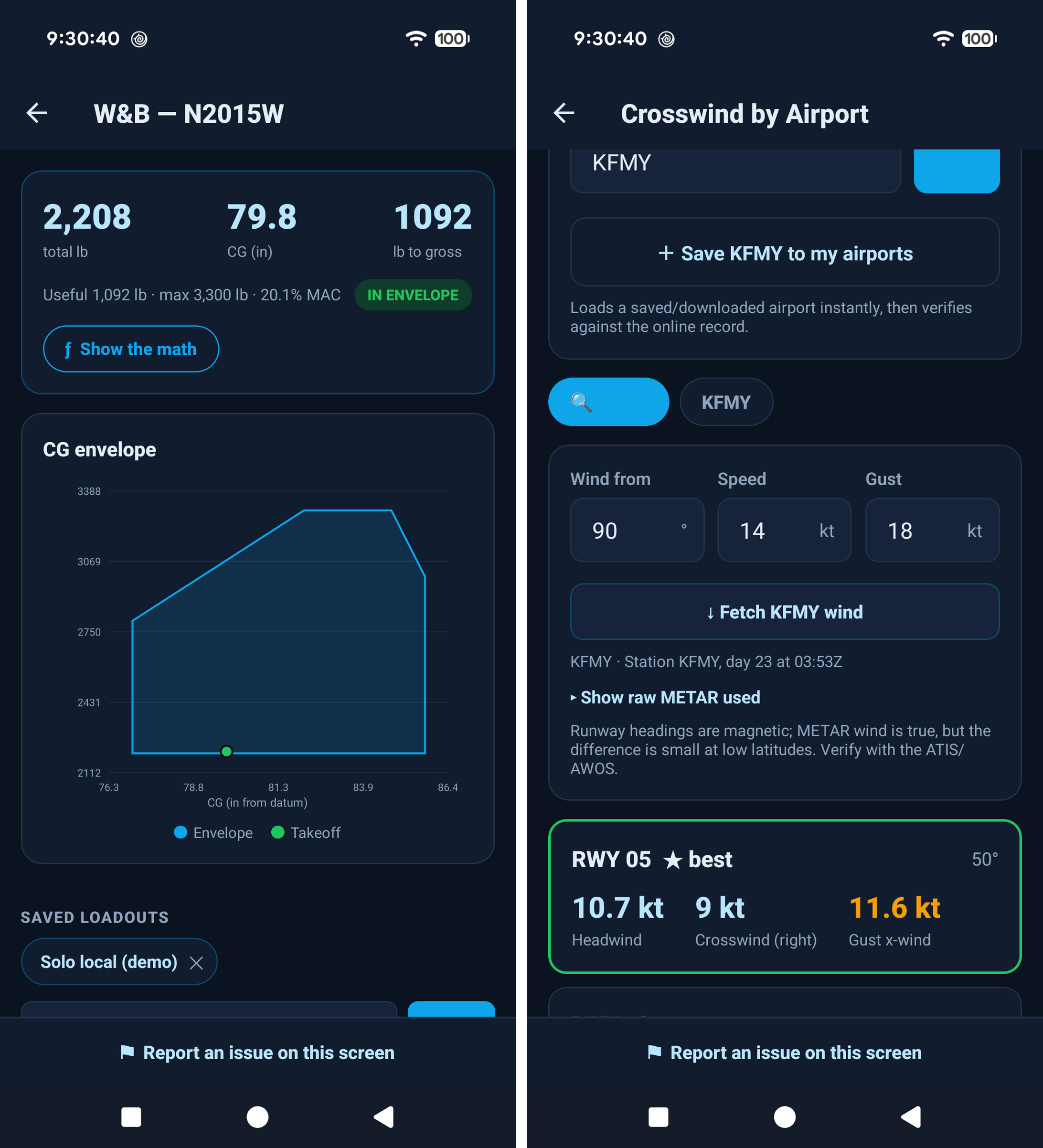 App screenshots showing the weight-and-balance CG envelope and runway crosswind comparison
