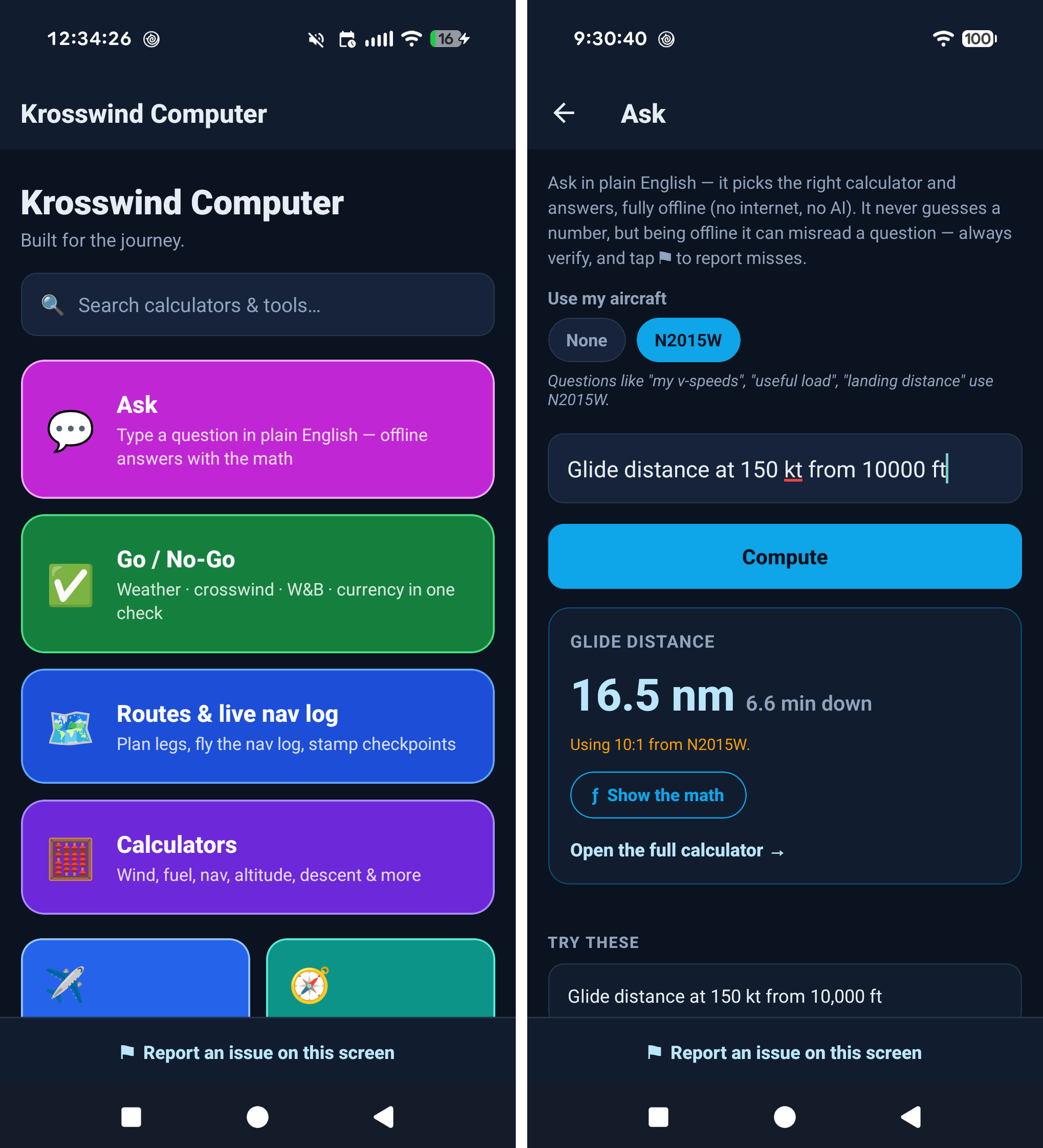 Krosswind Computer Android app: colorful home dashboard and Ask flight calculator